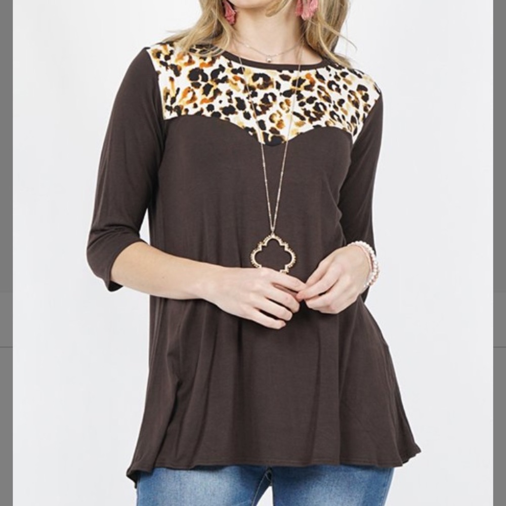 Brown Leopard Three Quarter Sleeve Top, M